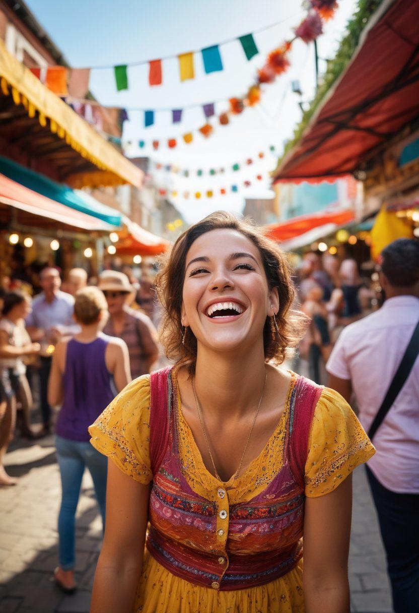 A whimsical scene featuring a diverse group of people laughing and enjoying various forms of local entertainment, such as a street performer, live music, and a bustling community market. Vibrant smiles on their faces as they connect with each other, filled with colorful decorations reflecting the spirit of the community. In the background, a local reporter captures the joy, adding a storytelling element. Capture the essence of happiness and community interaction. super-realistic. vibrant colors.