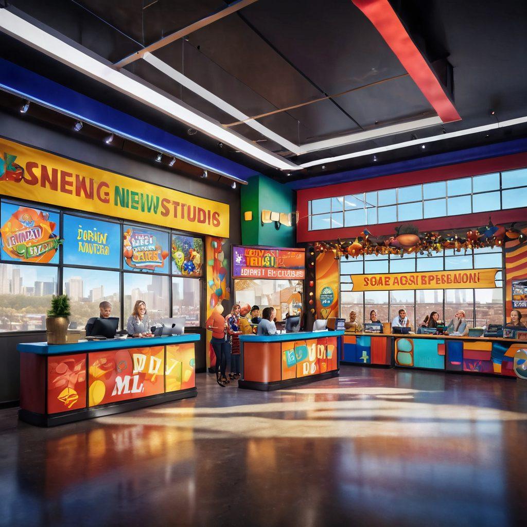 A vibrant local news studio bursting with colorful decorations, featuring smiling reporters engaging with the community and diverse families enjoying entertainment together. Sunlight streams through large windows, casting a warm glow on joyful interactions, showcasing a festive atmosphere with cheerful banners and positive headlines. super-realistic. vibrant colors. 3D.