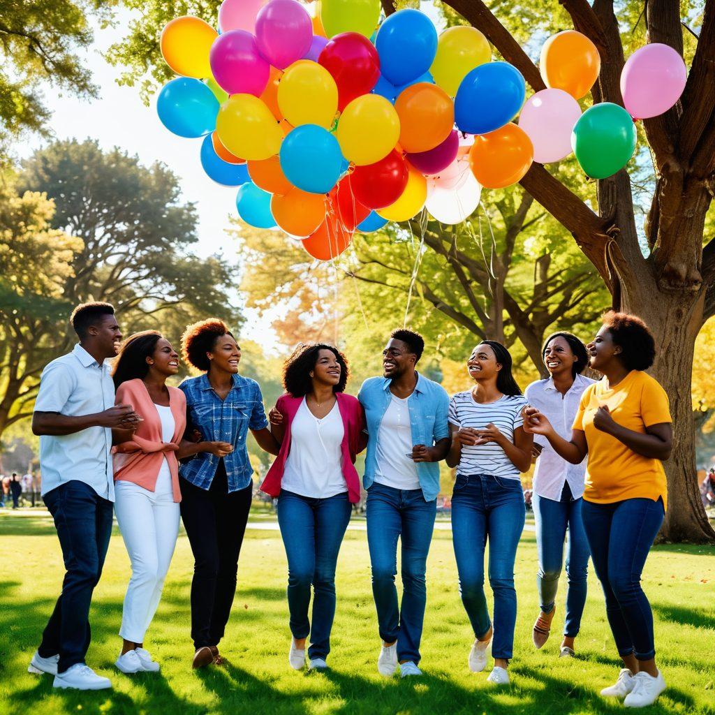 A warm, inviting scene depicting a diverse group of people sharing joyful moments, such as laughter and collaboration, in a community park setting. Balloons, banners, and positive news headlines are present in the background, symbolizing the spread of joy and positivity. Sunlight filtering through trees creates an uplifting atmosphere. Emphasize bright, vibrant colors to enhance the feeling of happiness. super-realistic. vibrant colors. community feel.